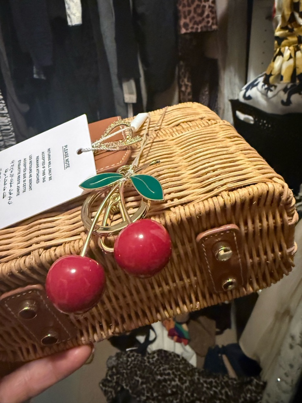 Self-Portrait Tan Rattan Top-Handle Bag with Red Cherry Charm - Picture 6 of 10